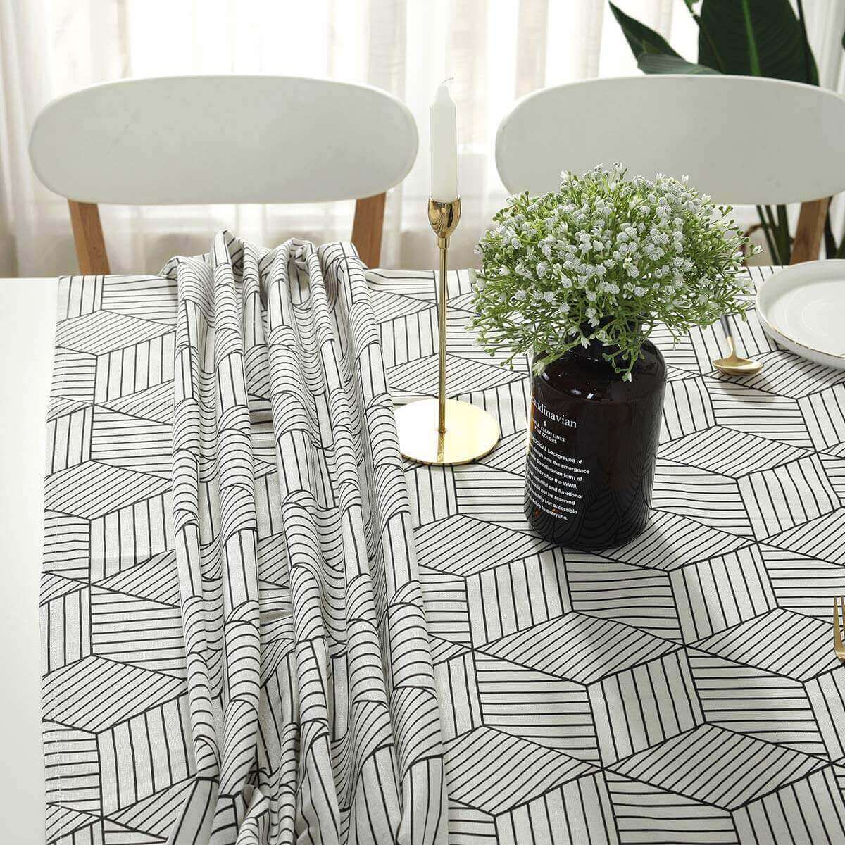 SASTYBALE Geometric Style white linen Rectangular Tablecloth