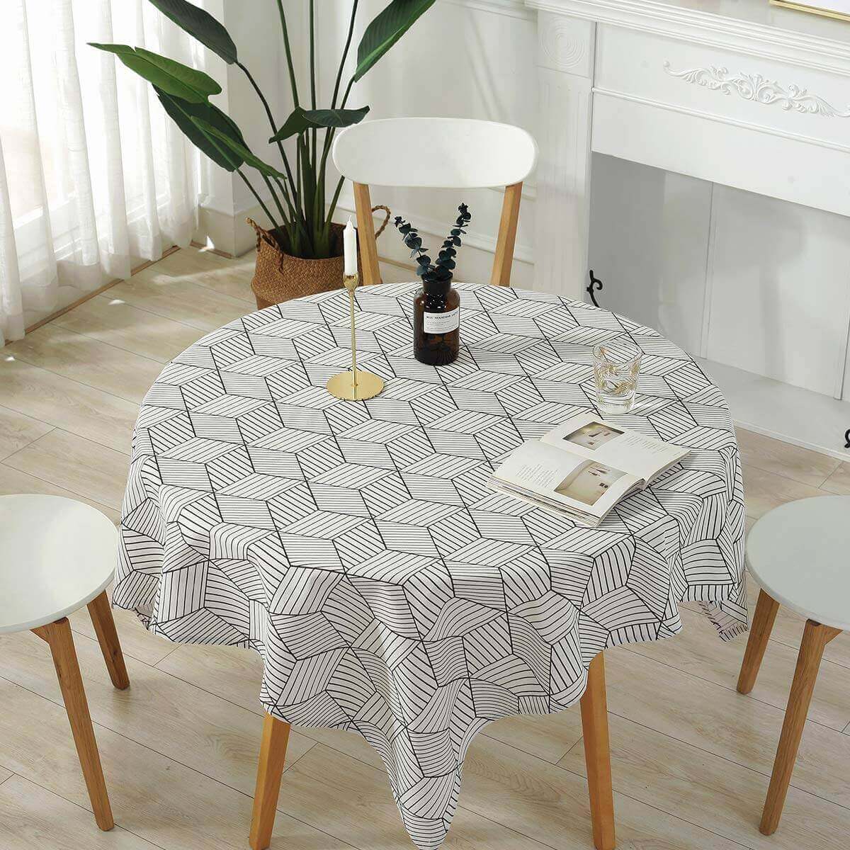 SASTYBALE Geometric Style white linen round Tablecloth