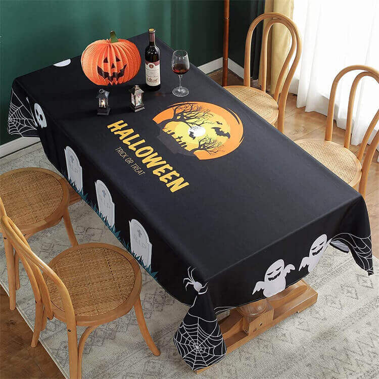SASTYBALE Halloween Print Rectangle Tablecloth on the Table