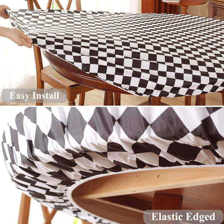 Sastybale Black Vinyl Round Checkered Tablecloth with Flannel Backing Easy Install