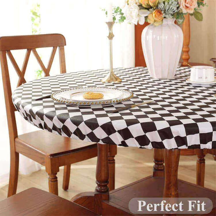 Sastybale Black Vinyl Round Checkered Tablecloth with Flannel Backing Fitted