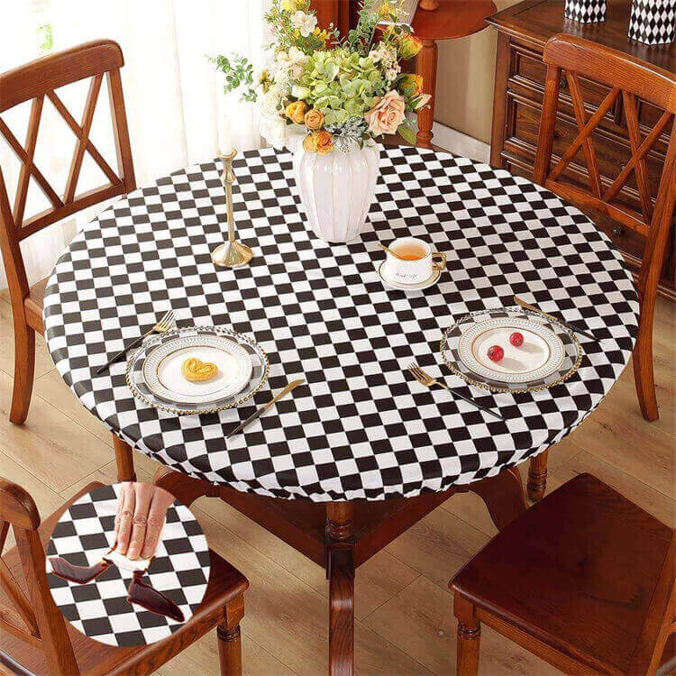 Sastybale Black Vinyl Round Checkered Tablecloth with Flannel Backing
