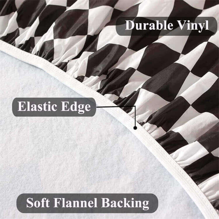 Sastybale Black Vinyl Round Checkered Tablecloth with Soft Flannel Backing
