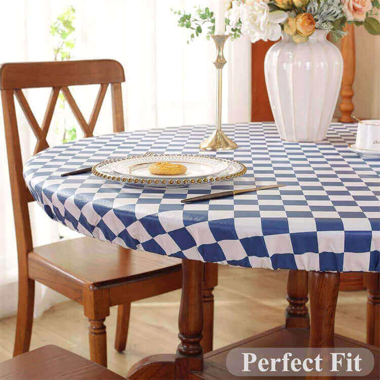 Sastybale Blue Vinyl Round Checkered Tablecloth with Flannel Backing Fitted