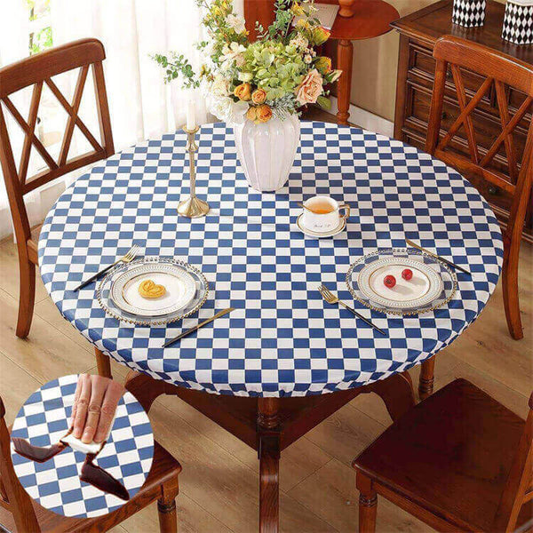 Sastybale Blue Vinyl Round Checkered Tablecloth with Flannel Backing