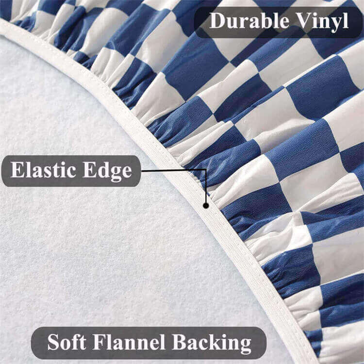 Sastybale Blue Vinyl Round Checkered Tablecloth with Soft Flannel Backing