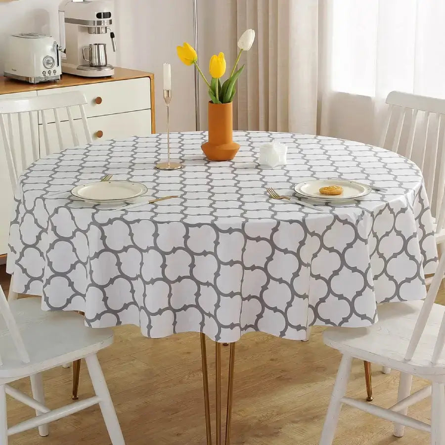 White Round Vinyl Tablecloth with Flannel Backing